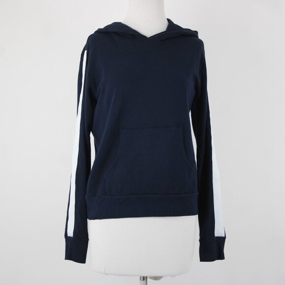 Monrow Sz S Navy White Stripe Embossed Stars Sleeve Cotton Blend Hooded Sweater - Picture 4 of 16